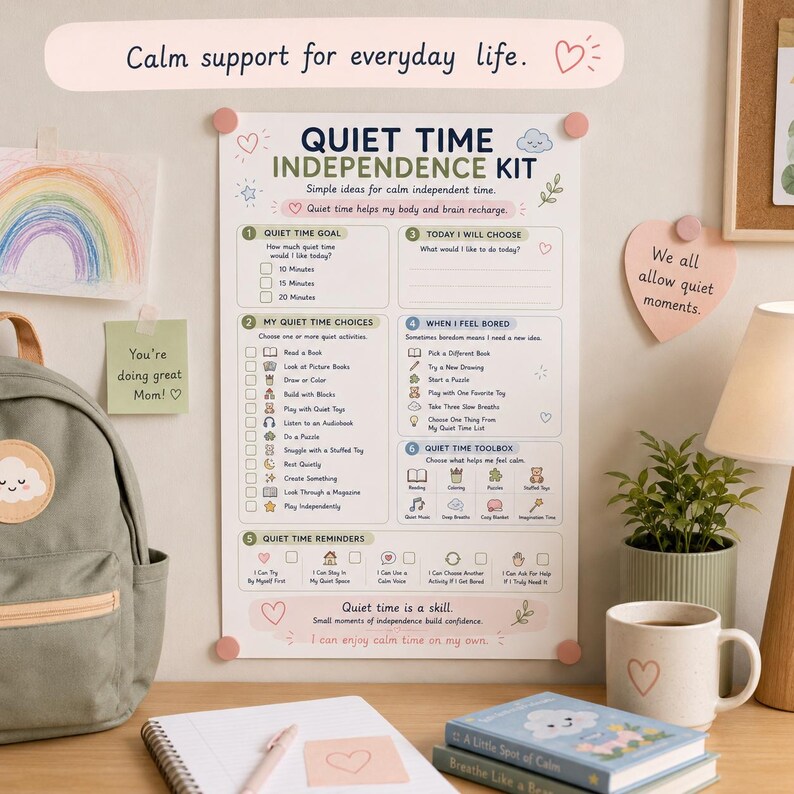 May include: A white poster titled Quiet Time Independence Kit with sections for goals, choices, and reminders. The text includes Calm support for everyday life, Quiet time helps my body and brain recharge, and Quiet time is a skill.