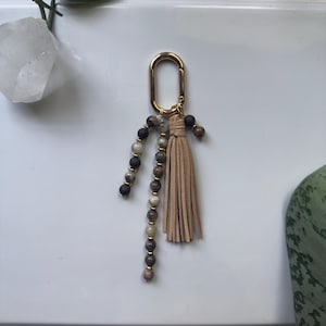 Earthen Aura Bag Charm | Agate Gemstone Charm | Tassel Beaded Bag Charm