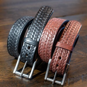 1.5&quot; Embossed Basketweave Leather Belt: Heavy Duty Steerhide, Handmade in USA