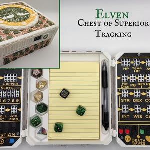 May include: A white and green Elven chest with a tree design on the lid, and the text "Elven Chest of Superior Tracking". The chest opens to reveal a notepad, pen, and dice, with tracking dials and labels.