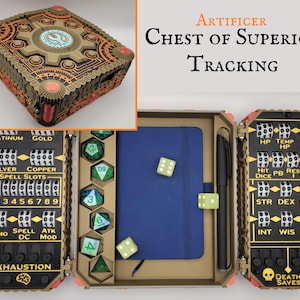 May include: A detailed, multi-compartment chest with the text "Artificer Chest of Superior Tracking." The chest is brown, with orange and gold accents. Inside are dice, a blue notebook, and a pen. The compartments have tracking dials.