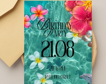 Editable Birthday Invitation Beach theme Summer Party Coastal Invite Tropical Ocean Birthday Template Printable Instant Download.