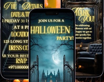 Halloween Digital Invitation, Haunted House Halloween Evite, Animated Halloween Video Invitation for Adults, Editable Canva Template
