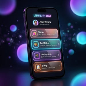 May include: A smartphone displaying a Links in Bio interface with neon-glowing buttons. The screen shows a profile for Alex Rivera, Digital Creator, with options for Shop, Portfolio, Instagram, and Blog, each featuring icons and descriptive text.