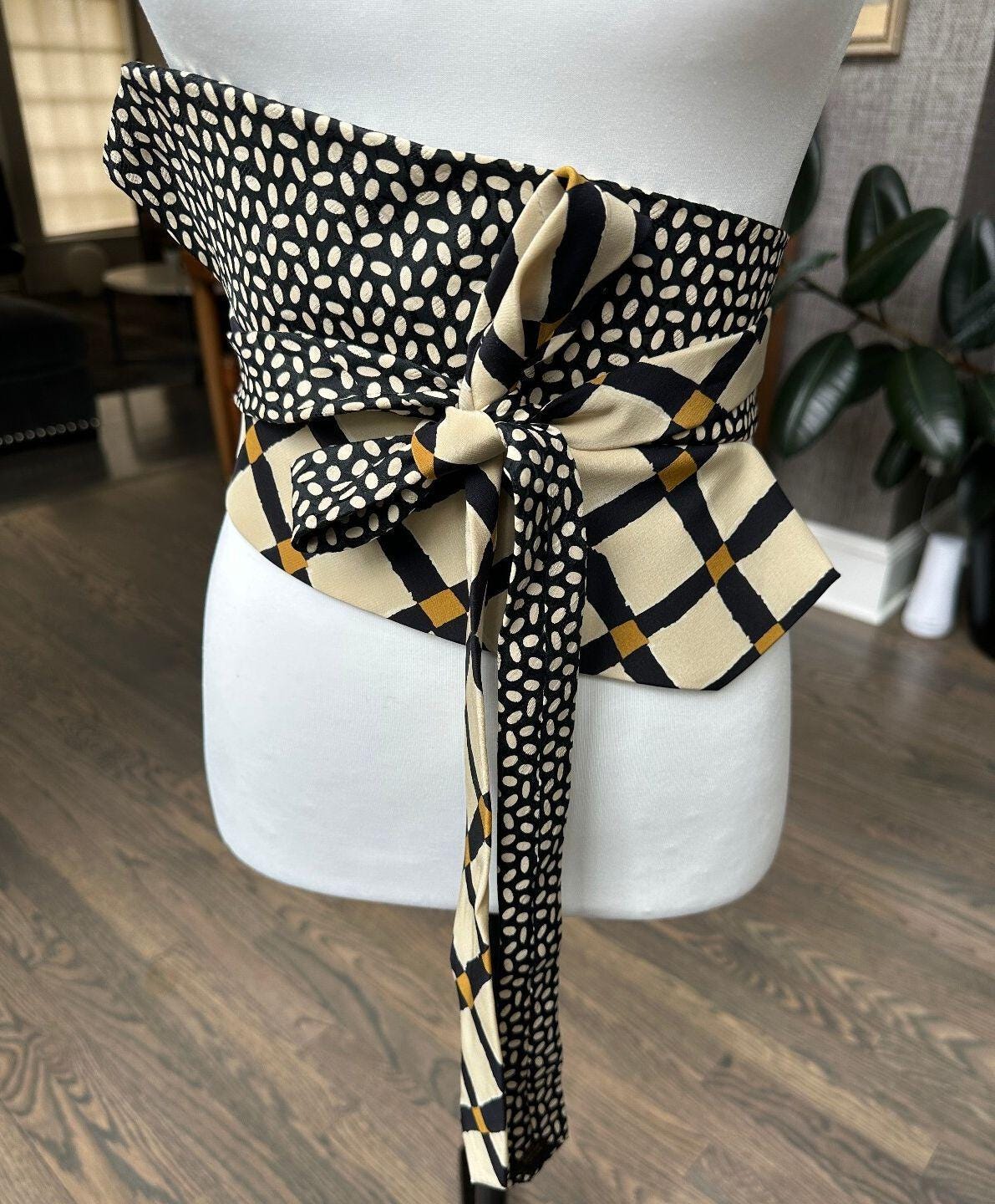 Upcycled Silk Necktie Obi Belt | One-of-a-Kind | OS | Black and Gold Pattern m_699a0ba5d7555df281852039.jpg main image 2