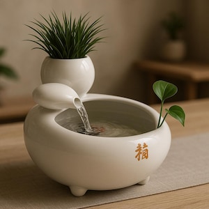 Könnte beinhalten: Weißer Tischbrunnen aus Keramik mit einer kleinen Pflanze und einer größeren Pflanze mit langen grünen Blättern. Wasser fließt aus einem Ausguss in ein Becken. Das Becken trägt das chinesische Schriftzeichen "橘" in Gold.