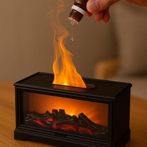 Peut inclure: Une cheminée électrique noire avec un effet de flamme réaliste. Une bouteille marron est tenue au-dessus de la cheminée, avec une goutte de liquide tombant vers les flammes. La cheminée a un intérieur en fausses bûches.