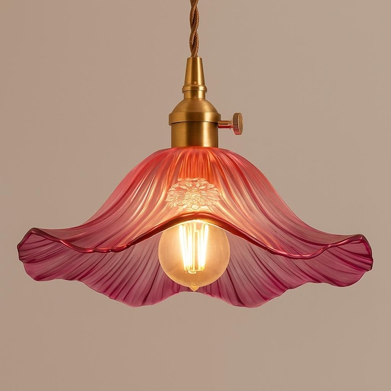 ヴィンテージフラワーガラスペンダントライトピンクの花柄天井ランプ