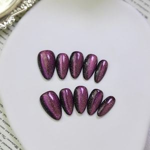 Purple Cat Eye Press On Nails | Handmade Magnetic Glitter False Nails | Reusable Oval Nail Art for Party | Wedding | Gift