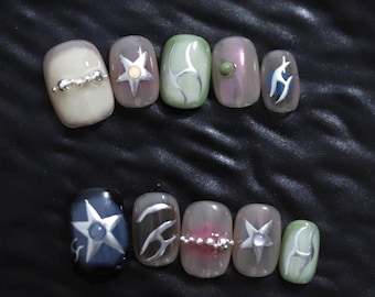 Y2K Press On Nails | Retro Chrome Nail Set | Handmade 3D Star Design Nails | Colorful Metallic Aesthetic Fake Nails