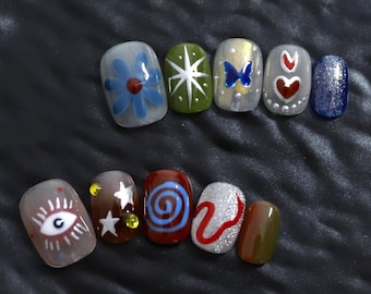 Y2K Funky Press On Nails | Indie Retro Nail Art Set | Abstract Pattern Handmade Nails | Colorful Aesthetic Fake Nails