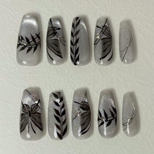 Elegant Cat Eye Press On Nails | Silver Gray Butterfly Design Fake Nails | Luxury Hand Painted False Nails | Reusable Nail Art Set