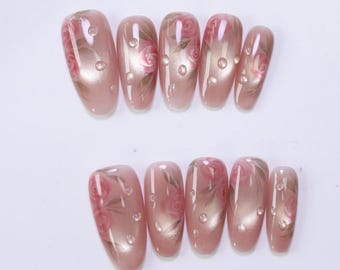 Champagnerosa Cat Eye-pressnaglar | 3D-rosblommiga nagelset | Dew Drop-glänsande naglar | Romantisk handgjord nagelkonst