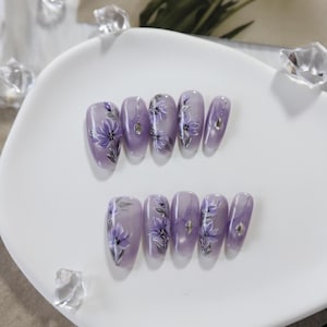 Handmade Purple Floral Press On Nails | Elegant Gradient Design | Reusable False Nails with Handpainted Flowers | Salon Quality Tips