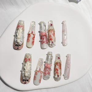 Handmade Flowing Glitter Press On Nails | Red Rose and Pearl 3D Design | Luxury Bridal Nail Tips | Custom Long Coffin Nails