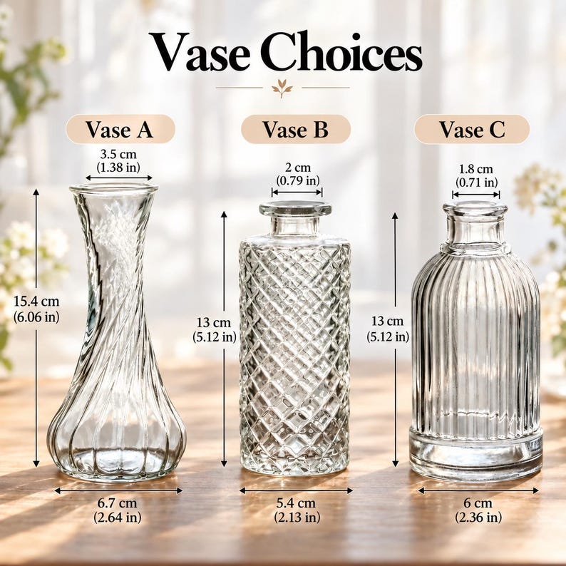 以下が含まれることがあります： Vase A、Vase B、Vase Cとラベル付けされた3つの透明なガラス製花瓶。Vase Aは高さ15.4cm、幅6.7cm。Vase Bは高さ13cm、幅5.4cm。Vase Cは高さ13cm、幅6cmで、縦方向の溝があるデザインです。