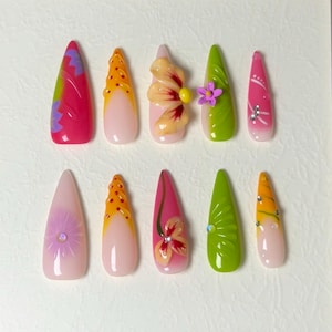 Tropical Press On Nails with 3D Flowers | Colorful Summer Stiletto Fake Nails | Hand Painted False Nails | Reusable Nail Art Set｜33mm