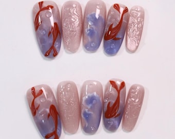 Uñas postizas abstractas en rosa y morado, hechas a mano, con diseño floral 3D en espiral, juego de uñas con degradado artístico, uñas elegantes reutilizables.