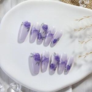 Handmade Purple Rose Press On Nails | Elegant Floral Design | Reusable Glossy Fake Nails | Salon Quality Gradient Nail Tips