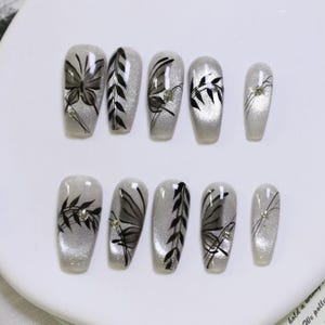 Elegant Cat Eye Custom Press On Nails | Silver Gray Butterfly Design Fake Nails | Luxury Hand Painted False Nails | Reusable Nail Art Set