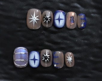 Y2K Galaxy Press On Nails | Star Chrome Nail Set | Cosmic Blue Aesthetic Nails | Handmade Futuristic Sparkly Fake Nails