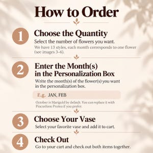 以下が含まれることがあります： How to Orderというタイトルの4ステップの指示グラフィック。ステップ1: Choose the Quantity。ステップ2: Enter the Month(s) in the Personalization Box。ステップ3: Choose Your Vase。ステップ4: Check Out。薄いベージュの背景にダークブラウンのテキスト。