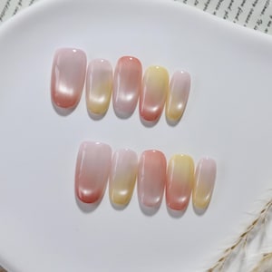 Handmade Cat Eye Press On Nails: Pink Yellow Ombre, Magnetic Effect