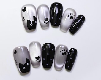 Uñas postizas personalizadas de gato / Uñas postizas con estampado de pata de gato en blanco y negro / Arte de uñas de animales hecho a mano / Juego de uñas reutilizable / Regalo para amantes de los gatos