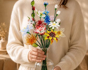 Handgeblazen glazen bloemenboeket, arrangement met eeuwige bloei, kleurrijke bloemdecoratie, cadeau voor Moederdag, verjaardagscadeau, woondecoratie