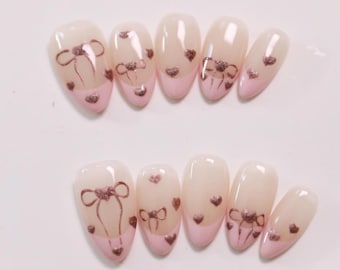 Pink Bow French Press On Nails, Cute Heart Gradient Fake Nails, Sweet Valentine Handmade Nail Art Set, Reusable Girly Nails