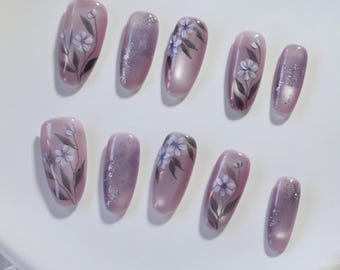 Purple Floral Press On Nails, Handmade Reusable False Nail Art Set, Elegant Custom Gift for Wedding, Bridesmaid, Party, Daily Wear