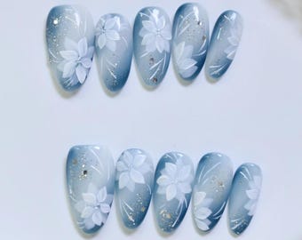 Blue Floral Press On Nails, White Flower False Nail Set with Glitter, Handmade Custom Reusable Acrylic Nails, Elegant Spring Nail Art