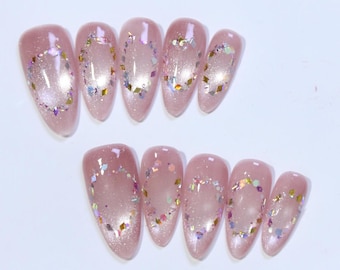 Pink Gold Cat Eye Press On Nails | Handmade Magnetic Glitter Nail Art | Shimmer Almond Fake Nails | Elegant Sparkly Nail Gift Set