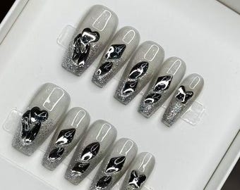 Black Diamond Press On Nails: Medium T-Shape, Handmade Gel Acrylic