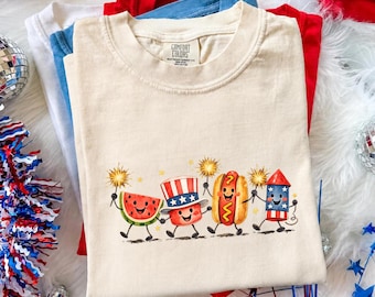 Comfort Colors® Patriotic Doodle, Cute Fourth of July Shirt, Retro American Shirt, Funny Sumer 250th Shirt, Watermelon Hotdog Firework Shirt