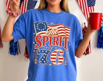 Vintage Spirit Of 76 250th Anniversary Tee, Patriotic American Flag Graphic Shirt, American Flag Retro Fourth of July