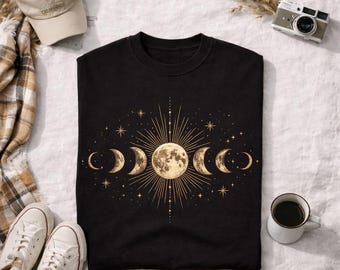 Celestial Comfort Colors Shirt, Boho Moon Phase Tee, Lunar Phase Moon Cycle T-shirt | Celestial Moon Phases Graphic Tee