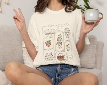 Cottagecore Botanical T-Shirt, Vintage Wildflower Graphic Tee, Strawberry Tomato Goose Floral Shirt, Dark Academia Nature Tee, Farmcore Gift