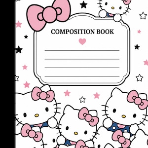 May include: A white composition book featuring a repeating pattern of Hello Kitty characters with pink bows, black and pink stars, and a large pink bow at the top. The center contains a label with the text COMPOSITION BOOK and four lines.