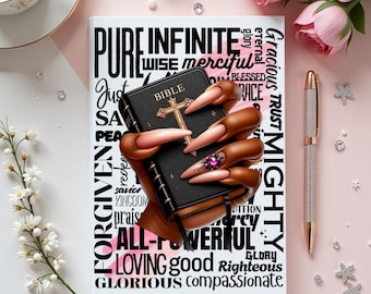 May include: A black Bible with a gold cross is held by a hand with long, manicured nails. The nails are painted in a nude color and adorned with gems. The Bible is on a white book with the words "PURE INFINITE" and other inspirational words.