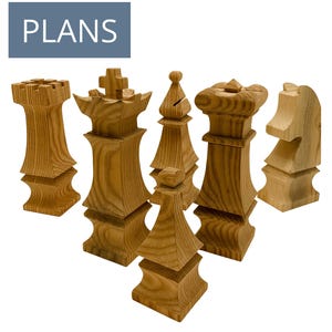 May include: A set of wooden chess pieces, including a rook, king, queen, bishop, and knight, displayed against a white background. The pieces are crafted from light-colored wood, showcasing the natural grain. The word "PLANS" is in a blue rectangle.