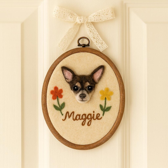 Custom Chihuahua Pet Embroidery Portrait Needle Felt Hoop with Name,Nursery Indoor Wall Art