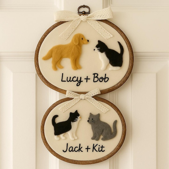 Personalized Needle Felted 2 Pets Embroidery Name Hoop Art,Dog Cat Nursery Door Decor