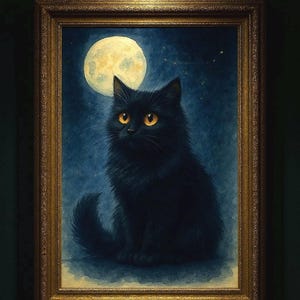 Mystical Black Cat Wall Art Printable – Watercolor Moon Digital Download, Cat Illustration for Home Decor