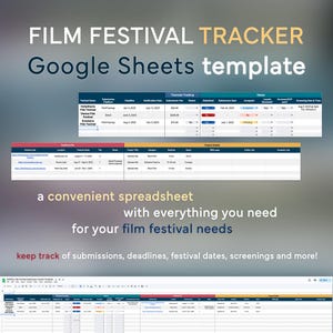 May include: A digital Film Festival Tracker Google Sheets template. The image shows a spreadsheet with sections for financial tracking, festival info, and project details. Text includes "keep track of submissions, deadlines, festival dates, screenings and more!"