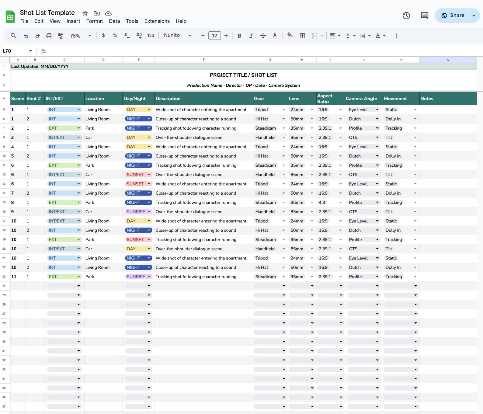 Spreadsheet shot list with color-coded locations, day and night, gear, lenses, aspect ratio, angles, movement, and notes