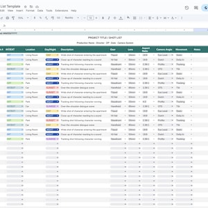 Könnte beinhalten: Eine digitale Shotlist-Vorlage, die in einem Tabellenkalkulationsformat angezeigt wird. Das Dokument enthält Spalten für Szene, Shot, Ort, Tag/Nacht, Beschreibung, Ausrüstung, Objektiv, Seitenverhältnis, Kamerawinkel, Bewegung und Notizen. Der Text "Shot List Template" steht oben.