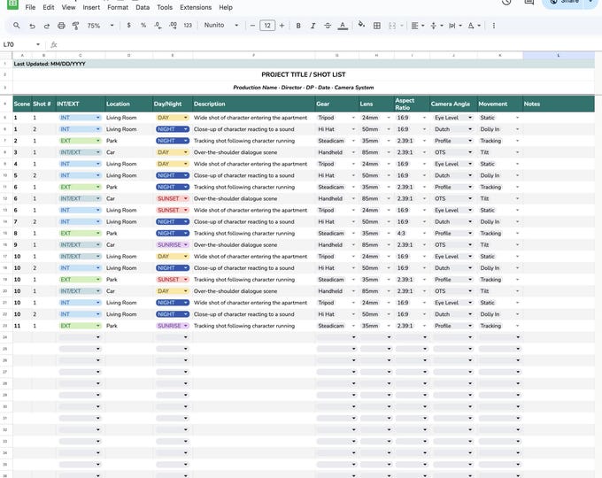 Film Shot List Template | Director + Cinematographer Movie Planner ...