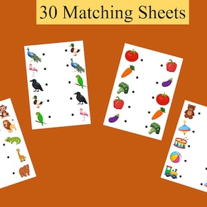 May include: Four white educational activity sheets with the text 30 Matching Sheets at the top. Each sheet features two columns of colorful illustrations including animals, vegetables, and toys with black dots for drawing lines to match pairs.
