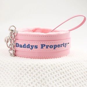 Peut inclure: Un collier rose avec le texte "Daddys Property" en lettres pailletées bleues. Le collier a un intérieur rose doux et une poignée rose assortie. Une chaîne argentée est attachée sur le côté.